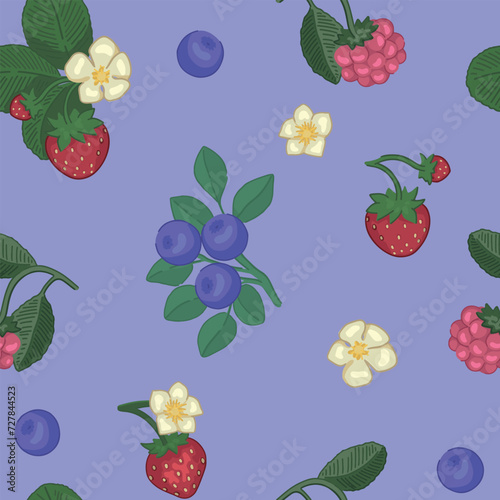 Spring berries seamless pattern. Ornament of strawberry  blueberry  raspberry. Cartoon vector design.