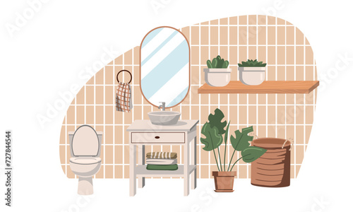 bathroom interiors in Scandinavian style. Bathrooms and dressing rooms with washbasins, sinks, mirrors, cabinets and plants. Flat vector illustration on white background