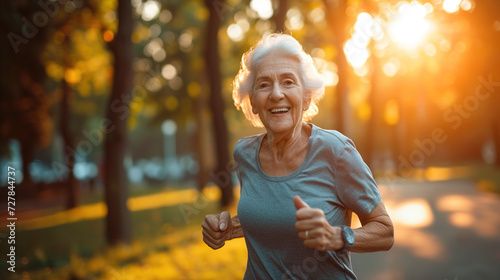 cool looking happy healthy old woman running in the park. Concept of exercise for elder.  photo