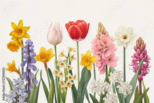 botanical illustration of various spring flowers, including tulips, daffodils, and hyacinths © Formoney