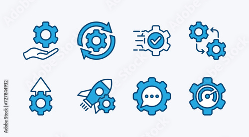 Settings icon set. Containing gear, optimization, maintenance, operation, sync, process, setup, service, fast support, configuration, customization, control. Vector illustration