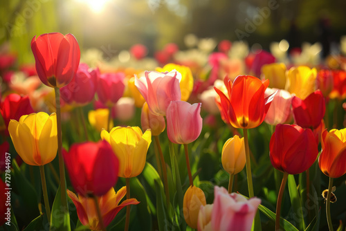 A vibrant field of tulips in full bloom  their colors a stunning array of reds  yellows  pinks  and whites