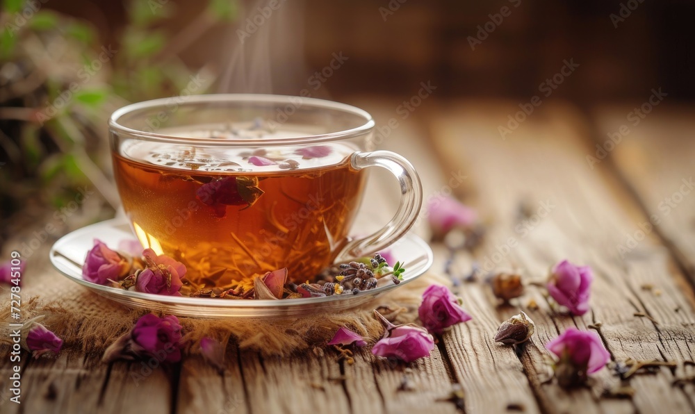 Cup of hot tea and wild flowers Cup of hot tea and wild flowers