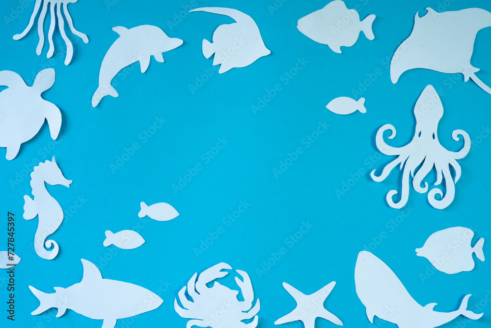 blue background with animal cut out paper frame blue background with animal cut out paper frame
