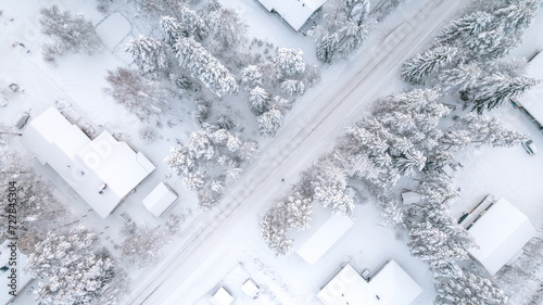 Aerial view of snowy Rovaniemi Lapland in Finland. Whiteness of Lapland with Christmas spirit.