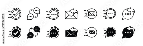 Response thin line icon set. Containing reply speech bubble, quick and fast response, mail answer, feedback message, communication service and support. Vector illustration