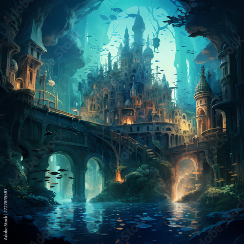 A surreal underwater city with mermaids swimming. © Cao