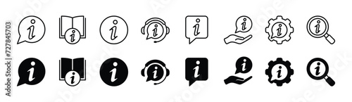 Info icon set. Information icon collection. Containing message, instruction book, help button, service and support, chat guide, privacy policy, searching. Vector illustration