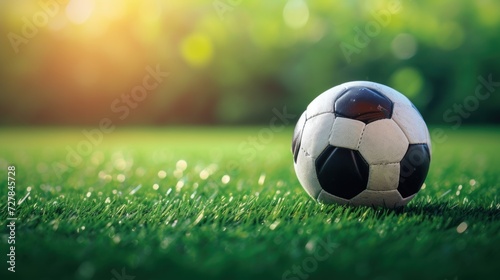 Close up a soccer ball on green field grass background with empty space background. AI generated © saifur