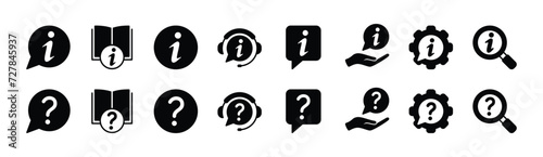 Info and question mark icon set. Containing inquire message, information and instruction book, help button, service and support, chat guide, privacy policy, searching. Vector illustration