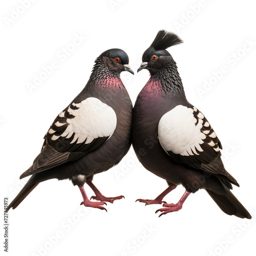 Two Indian fantail pigeons full body portrait, isolated on transparent background