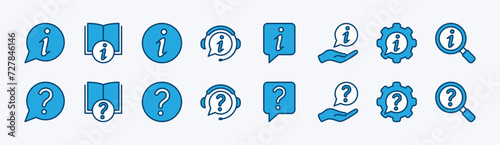 Set of info and question mark icon. Containing inquire message, information and instruction book, help button, service and support, chat guide, privacy policy, searching. Vector illustration