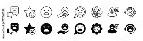 Customer rating and review icon set. Containing unsatisfied, experience negative, complaint, unhappy, 1 star, poor service, bad support. Vector illustration