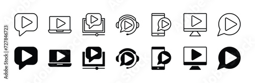 Tutorial and learning icon set. Containing lesson watching video guide support, online course, streaming via mobile device, sound recording. Vector illustration