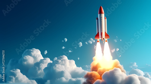 Space exploration concept with rocket launched into the stars, spaceship background