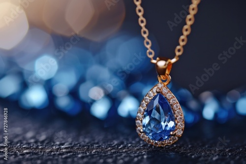 A sparkling blue diamond gold necklace with a teardrop-shaped gemstone pendant.