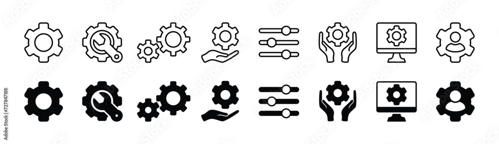 Gear settings icon set. Containing business process, technical support, cogwheel, configuration, service, teamwork, workflow, computer, technology, management, industry. Vector illustration