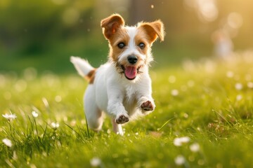 Cute dog running and playing on the green grass in the park Flower flying concept. Product. Pet food