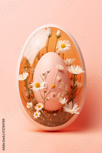 Egg with white spring flowers inside glass egg isolated on a pastel pink seamless background