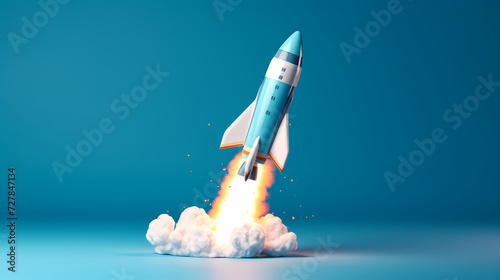 Space exploration concept with rocket launched into the stars, spaceship background