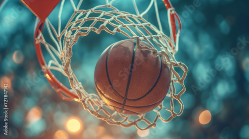 Basketball ball going through a hoop, beautiful natural lighting at sunset © RMedia