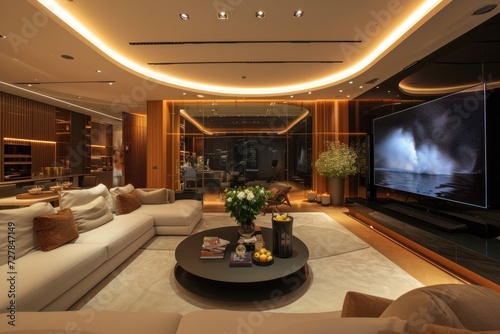 Curved, panoramic television screen in a luxurious living room