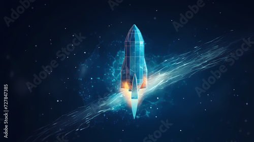 Space exploration concept with rocket launched into the stars, spaceship background photo