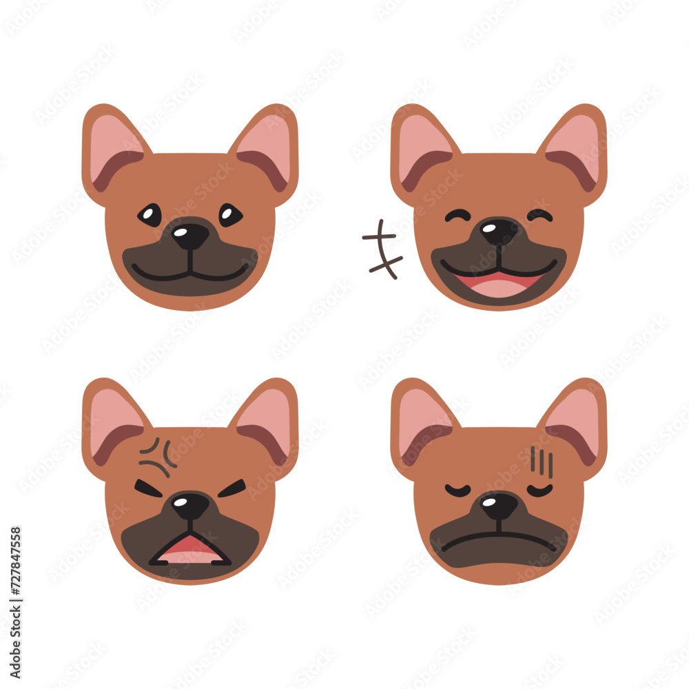 Set of cute character brown french bulldog faces showing different emotions for design.