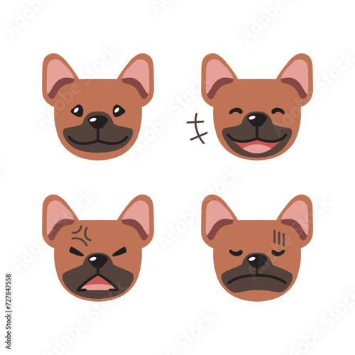 Set of cute character brown french bulldog faces showing different emotions for design.