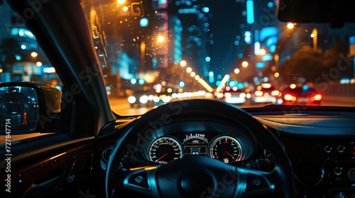 Panoramic view. Inside of a luxury car without a logo is driving at night in the city