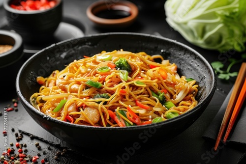 Stir-fried Chinese noodles with vegetables for the Vegetarian Festival. On the table, there is cabbage
