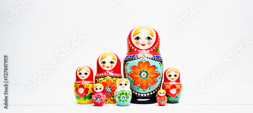 collezione di coloratissime matrioske russe su sfondo bianco