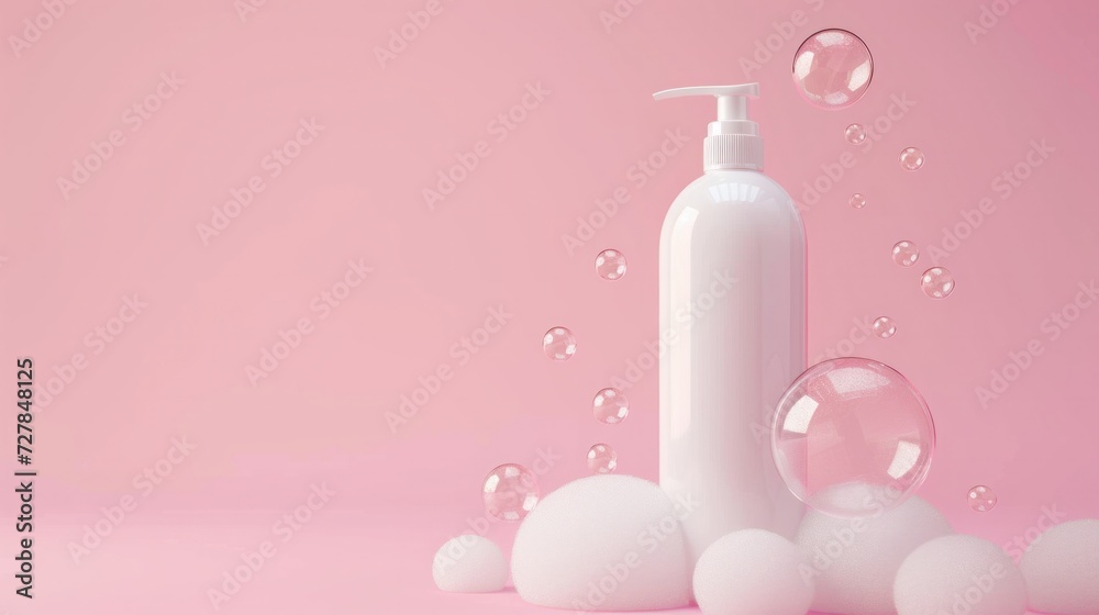 white shampoo bottle with soap bubbles on a plain pink background, white shampoo bottle with soap bubbles on a plain pink background,
