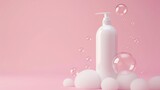 white shampoo bottle with soap bubbles on a plain pink background,