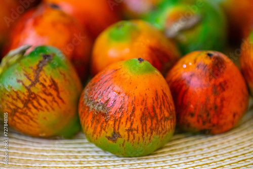Rare and exotic fruit of the peach palm (Bactris gasipaes), typical fruit of the Brazilian tropical forests, Amazonas, Pará, Rondônia and Acre