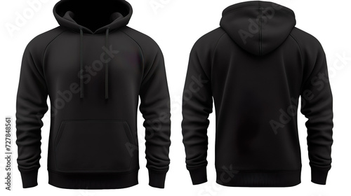Black classic Hoodie front and back in pure black without logo on transparentbackground