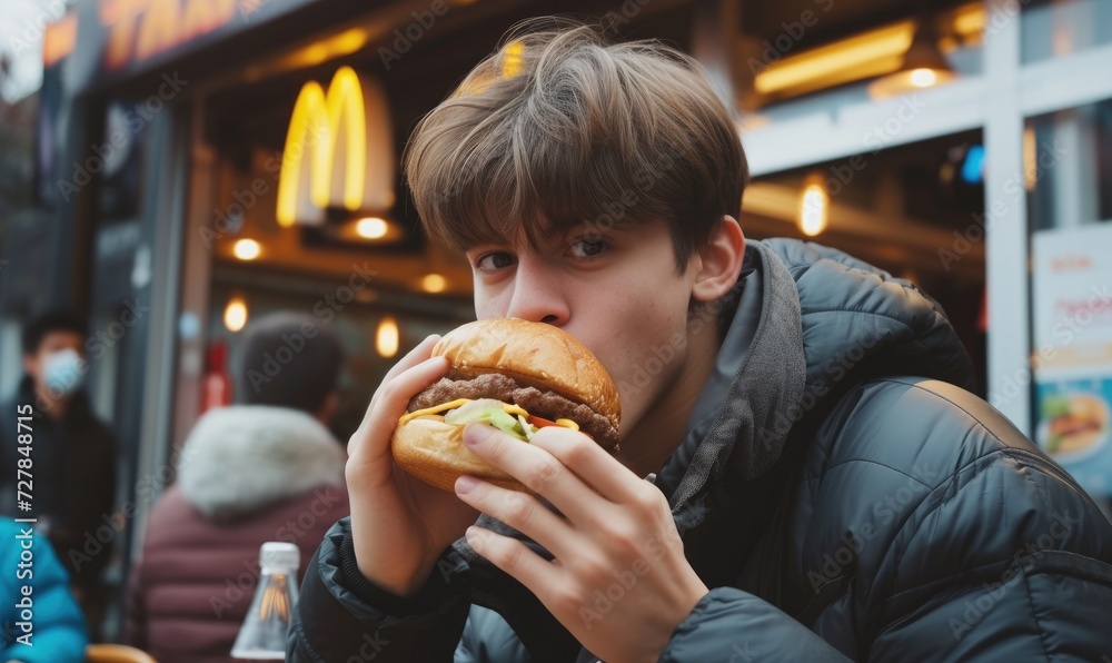 Man eating favorite cheeseburger near fast food outside.