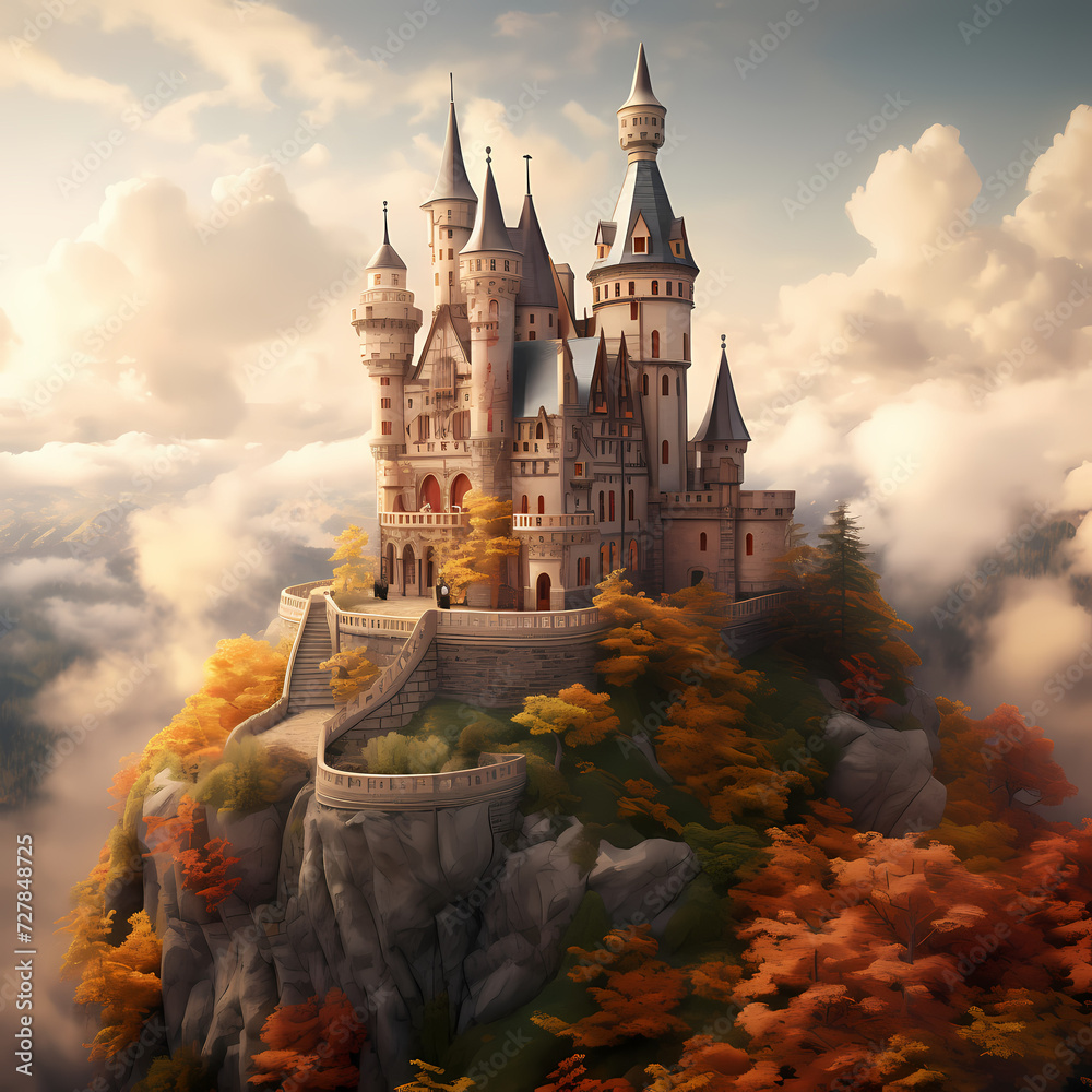 Whimsical fairytale castle on a hill - obrazy, fototapety, plakaty 
