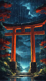 Colorful Epic Rainy Torii Gate Japanese Landscape with Rain Forest and Lightning Strike Vertical Background Wallpaper