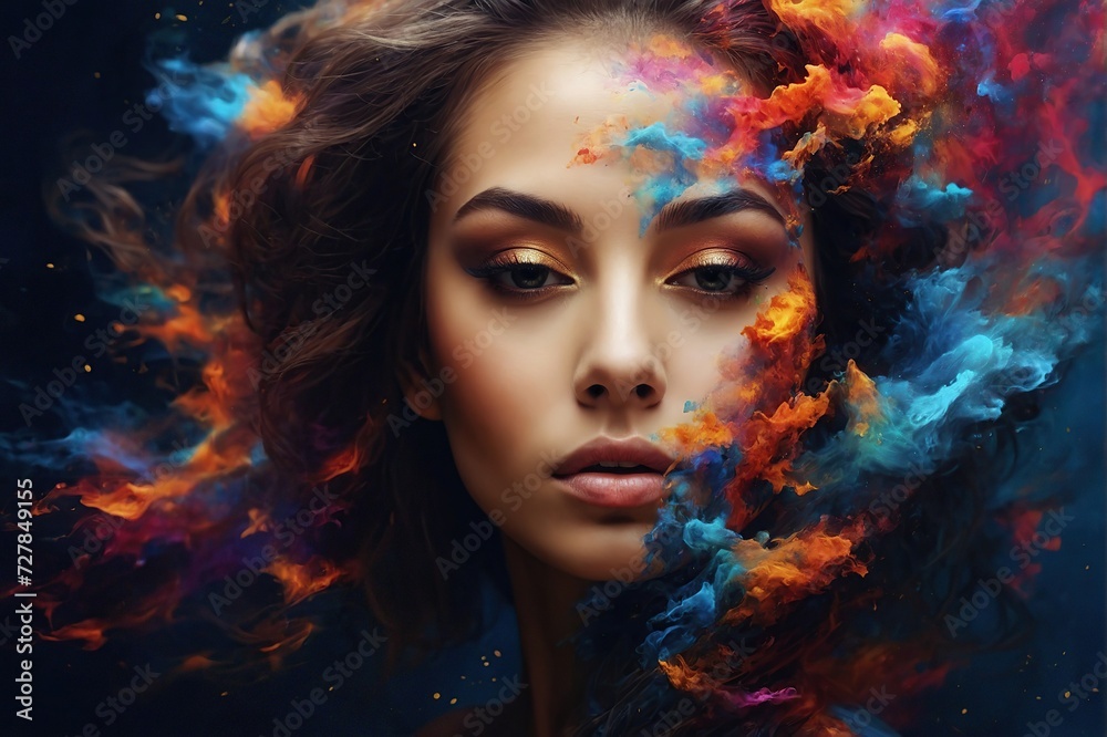 beautiful fantasy abstract portrait of a beautiful woman double exposure with a colorful digital paint splash or space nebula