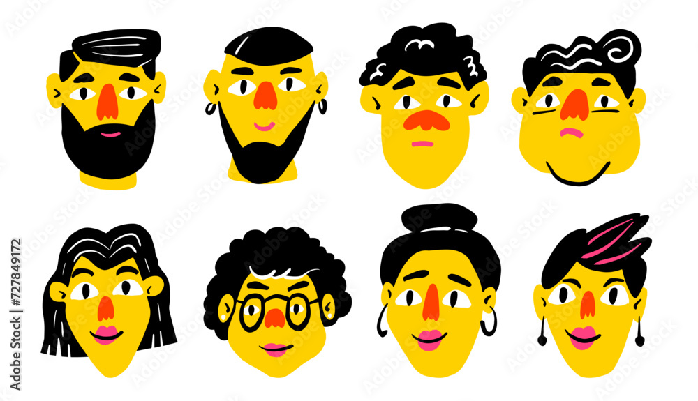 Set of doodle people avatars for social media. Four man and four woman portraits. Trendy hand drawn style. Yellow vector avatars Set of doodle people avatars for social media. Four man and four woman portraits. Trendy hand drawn style. Yellow vector avatars