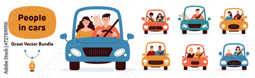 People inside cars. Bundle vector flat style illustration. Cartoon characters holding steering wheel to drive car. The front of the car. 