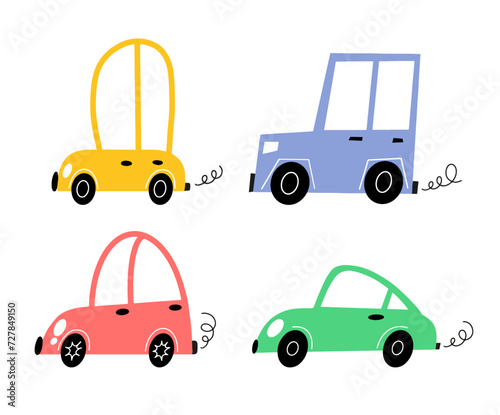 Set of colorful retro cars isolated on a white background. Hand-drawn style. Vector illustration