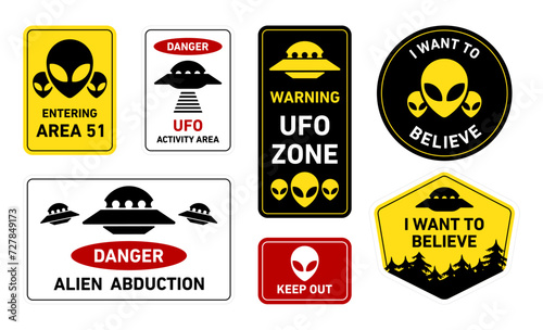 UFO, aliens and Area 51 danger warning road signs and stickers collection. Aliens abduction theme, flat style vector illustration.