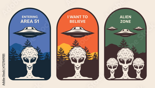 Aliens badges set. UFO UAP. Badges with alien spaceship and humanoids. Stickers with spaceships and abduction. Vector illustration, ink-style.
