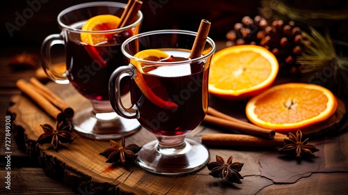 close-up of a glass with mulled wine cinnamon and cardamom on a black background with ingredients for the drink