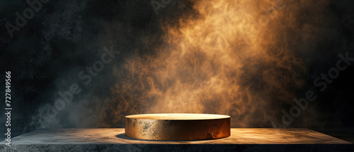 Stone platform, podium with gold shimmer texture, smoke, steam, lights, sparkles on dark background. Mock up with lights effect. Generative AI photo