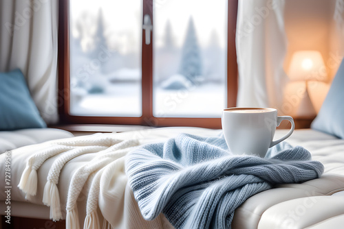 Details of a still life in the living room of a home interior. White cup of coffee and scarf near a frozen window. Cozy spring winter concept. Playground AI platform