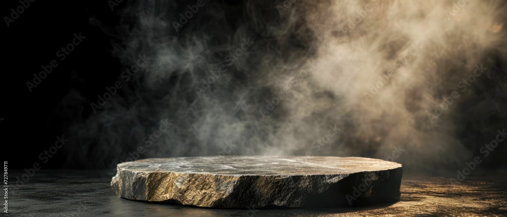 Stone platform, podium with smoke, on dark background. Mock up with lights, shadows effect. Generative AI