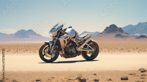 an elegant futuristic sports bike in the desert